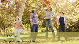  Presentation with autumn leaves - Cool new PPT layouts with woodland games - family throwing autumn leaves backdrop and a yellow colored foreground