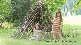 Presentation with stick kids - Audience pleasing slides consisting of woodland games - kids playing next to wooden backdrop and a mint green colored foreground