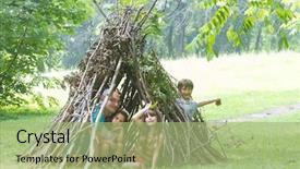  Presentation with stick kids - PPT layouts featuring woods games - kids playing next to wooden background and a mint green colored foreground