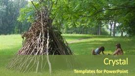  Presentation with stick kids - Beautiful theme featuring woods games - kids playing next to wooden backdrop and a tawny brown colored foreground