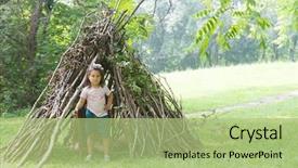  Presentation with stick kids - Slides having woods games - kids playing next to wooden background and a mint green colored foreground