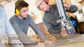  Presentation with apprenticeship - Colorful presentation theme enhanced with woodwork apprenticeship backdrop and a coral colored foreground