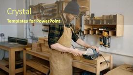  Presentation with blade - Presentation design having woodworker-using-circular-saw-blade background and a violet colored foreground