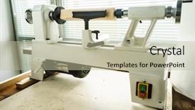  Presentation with wood joinery - PPT theme having woodworking machine mini woodworking lathe background and a mint green colored foreground