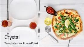  Presentation with sauces - Slide deck consisting of woody - freshly cooked pizza cutlery sauces background and a  colored foreground