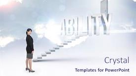  Presentation with steps - Colorful slide deck enhanced with word ability and smiling businesswoman against white steps leading to closed door backdrop and a sky blue colored foreground