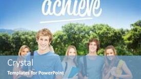 Presentation with achieve - Beautiful PPT theme featuring word achieve and a group of smiling college students look into the camera as one man stands in front against park backdrop and a light blue colored foreground