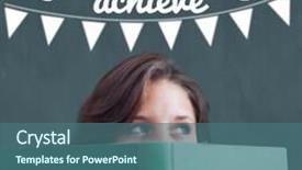  Presentation with achieve - Presentation theme featuring word achieve and bunting against student holding book background and a ocean colored foreground