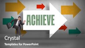  Presentation with achieve - Theme having word achieve and happy businessman in a hury against arrows pointing background and a gray colored foreground