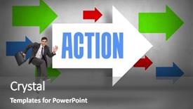  Presentation with arrows - Presentation design enhanced with word action and happy businessman in a hury against arrows pointing background and a gray colored foreground