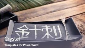  Presentation with chinese medicine acupuncture - Amazing slide deck having word acupuncture in chinese backdrop and a gray colored foreground