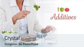  Presentation with food additives - Cool new theme with word additives against businesswoman using backdrop and a lemonade colored foreground