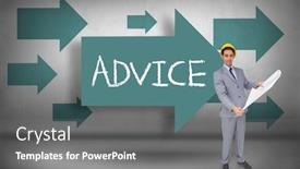  Presentation with architect - Slides consisting of word advice and serious architect with hard hat holding plans against blue arrows pointing background and a gray colored foreground