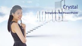  Presentation with open door - Beautiful slides featuring word advice and thoughtful businesswoman against white steps leading to open door backdrop and a sky blue colored foreground