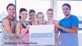  Presentation with aerobics - Audience pleasing slide deck consisting of word aerobics against portrait of a group of fitness class holding blank paper backdrop and a light blue colored foreground