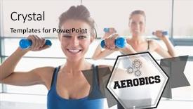  Presentation with lifting weights - Theme featuring word aerobics and two women lifting weights against hexagon background and a soft green colored foreground