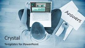  Presentation with answers business - Slide set featuring word answers and business interface against young creative businessman working on laptop background and a light blue colored foreground