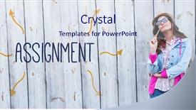  Presentation with paint brush - Slide set consisting of word assignment against thoughtful woman holding paint brush background and a sky blue colored foreground