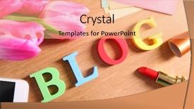  Presentation with blog - Beautiful presentation theme featuring word blog with mobile phone lipstick and tulips on wooden background backdrop and a coral colored foreground