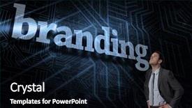  Presentation with branding - Theme having word branding and serious businessman with hands on hips against futuristic black and blue background background and a black colored foreground