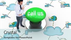  Presentation with glasses - Beautiful theme featuring word call us and unsmiling businessman holding glasses against digitally generated green push button backdrop and a light blue colored foreground