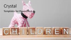  Presentation with wooden toy - PPT layouts with word children made of wooden cubes and toy dog on wall background background and a light gray colored foreground