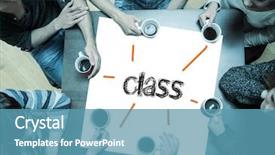  Presentation with page - Audience pleasing presentation design consisting of word class on page with people sitting around table drinking coffee backdrop and a teal colored foreground