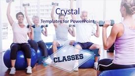  Presentation with exercise class - PPT layouts with word classes and fitness class with dumbbells sitting on exercise balls against badge background and a sky blue colored foreground