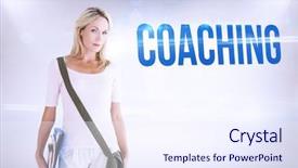  Presentation with coaching - Cool new slides with word coaching and mature student smiling against grey background backdrop and a sky blue colored foreground