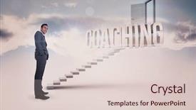  Presentation with open door - Slide set having word coaching and smiling businessman background and a lemonade colored foreground