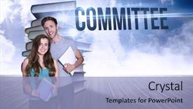 Presentation with stack books - Cool new PPT layouts with word committee and portrait backdrop and a light blue colored foreground