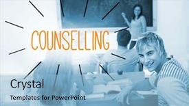  Presentation with classroom - Beautiful PPT theme featuring word counselling against students backdrop and a light blue colored foreground
