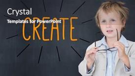  Presentation with create - Presentation theme featuring word create against schoolboy and blackboard background and a dark gray colored foreground