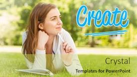  Presentation with create - Amazing PPT theme having word create against smiling university student lying and thinking backdrop and a yellow colored foreground