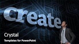  Presentation with create - Presentation theme consisting of word create and serious businessman with hands on hips against futuristic black and blue background background and a black colored foreground