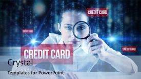  Presentation with looking glass - Presentation having word credit card and businesswoman typing and looking through magnifying glass against lines of blue blurred letters falling background and a light blue colored foreground