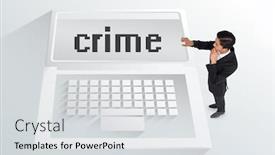  Presentation with crime - Presentation design enhanced with word crime and thoughtful asian businessman pointing against white laptop background and a light gray colored foreground