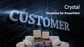  Presentation with heads - Audience pleasing presentation design consisting of word customer and silly employees with arms folded wearing boxes on their heads against futuristic black and blue background backdrop and a wine colored foreground