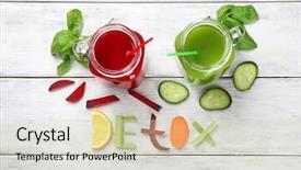  Presentation with juices - Presentation theme having word detox made of ingredients background and a soft green colored foreground