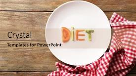  Presentation with napkin - Presentation theme consisting of word diet made of sliced vegetables in white plate with napkin on wooden background background and a coral colored foreground
