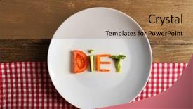  Presentation with napkin - Presentation design featuring word diet made of sliced vegetables in white plate with napkin on wooden background background and a coral colored foreground