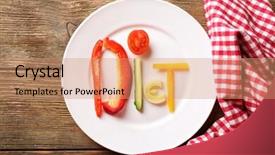  Presentation with diet - Presentation theme consisting of word diet made of sliced vegetables in white plate on wooden table top view background and a coral colored foreground
