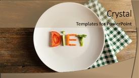  Presentation with napkin - Slide deck with word diet made of sliced vegetables in white plate with napkin on wooden background background and a coral colored foreground