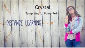  Presentation with distance learning - Slide deck featuring word distance learning against thoughtful woman holding paint brush background and a light gray colored foreground