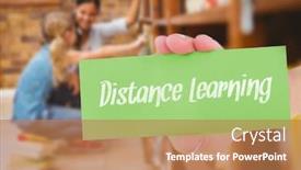  Presentation with distance learning - Presentation design consisting of word distance learning and hand showing card against teacher and little girl selecting book in library background and a coral colored foreground