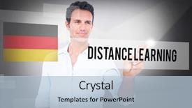  Presentation with distance learning - Presentation design consisting of word distance learning and handsome man making gun gesture against abstract white room background and a light blue colored foreground