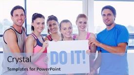  Presentation with group fitness - Audience pleasing PPT theme consisting of word do it against portrait of a group of fitness class holding blank paper backdrop and a light blue colored foreground