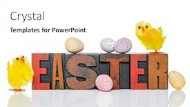  Presentation with chicks - Amazing slides having word easter in old wooden letterpress with a toy chicks and candy covered chocolate eggs isolated on a white background backdrop and a white colored foreground