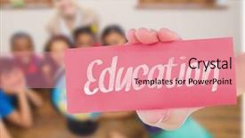  Presentation with education cute - Slide set featuring word education and hand showing card against cute pupils and teacher in classroom with globe background and a coral colored foreground