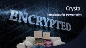 Presentation with employees - Cool new PPT theme with word encrypted and silly employees with arms folded wearing boxes on their heads against futuristic black and blue background backdrop and a wine colored foreground